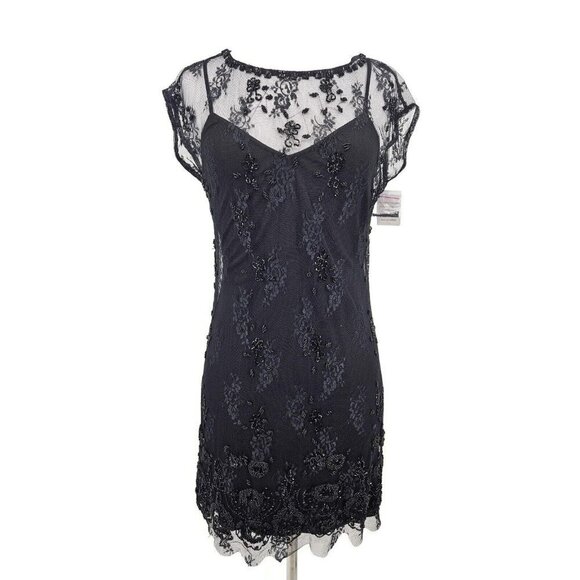 New Jean Louis Scherrer Mini Dress Womens M Black Lace Beaded - Picture 1 of 11